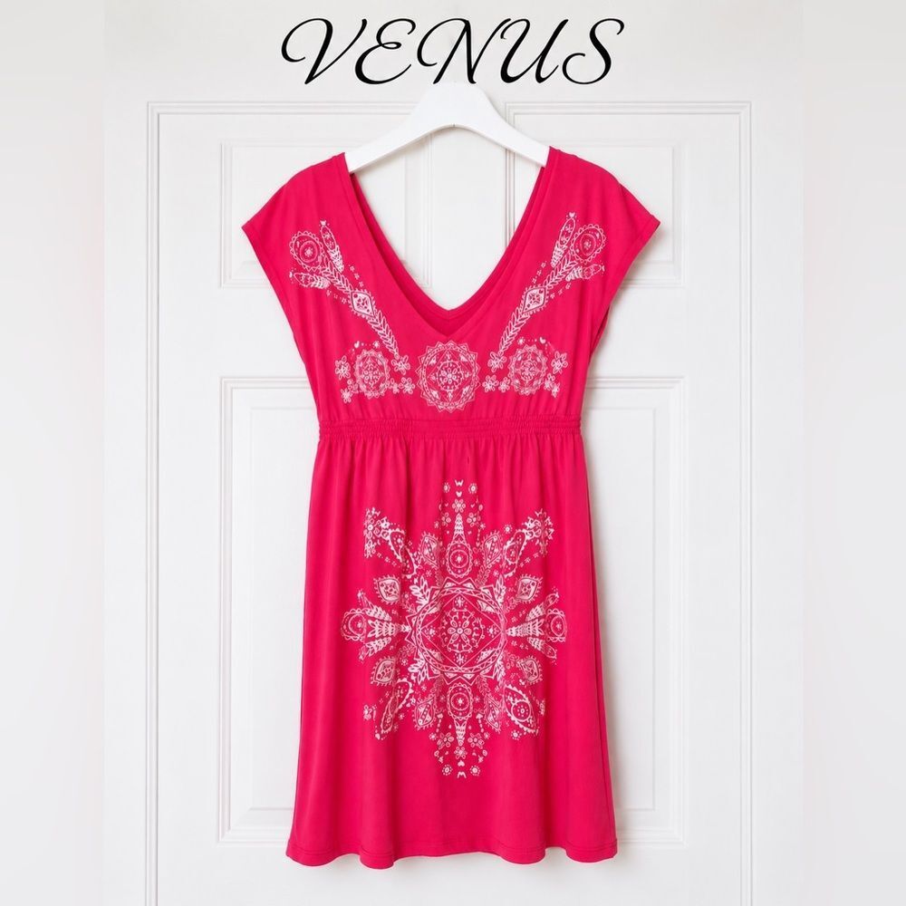 🌺Venus🌺 Sz XL Hot Pink Dress with White Tribal Print Coverup Day Dress